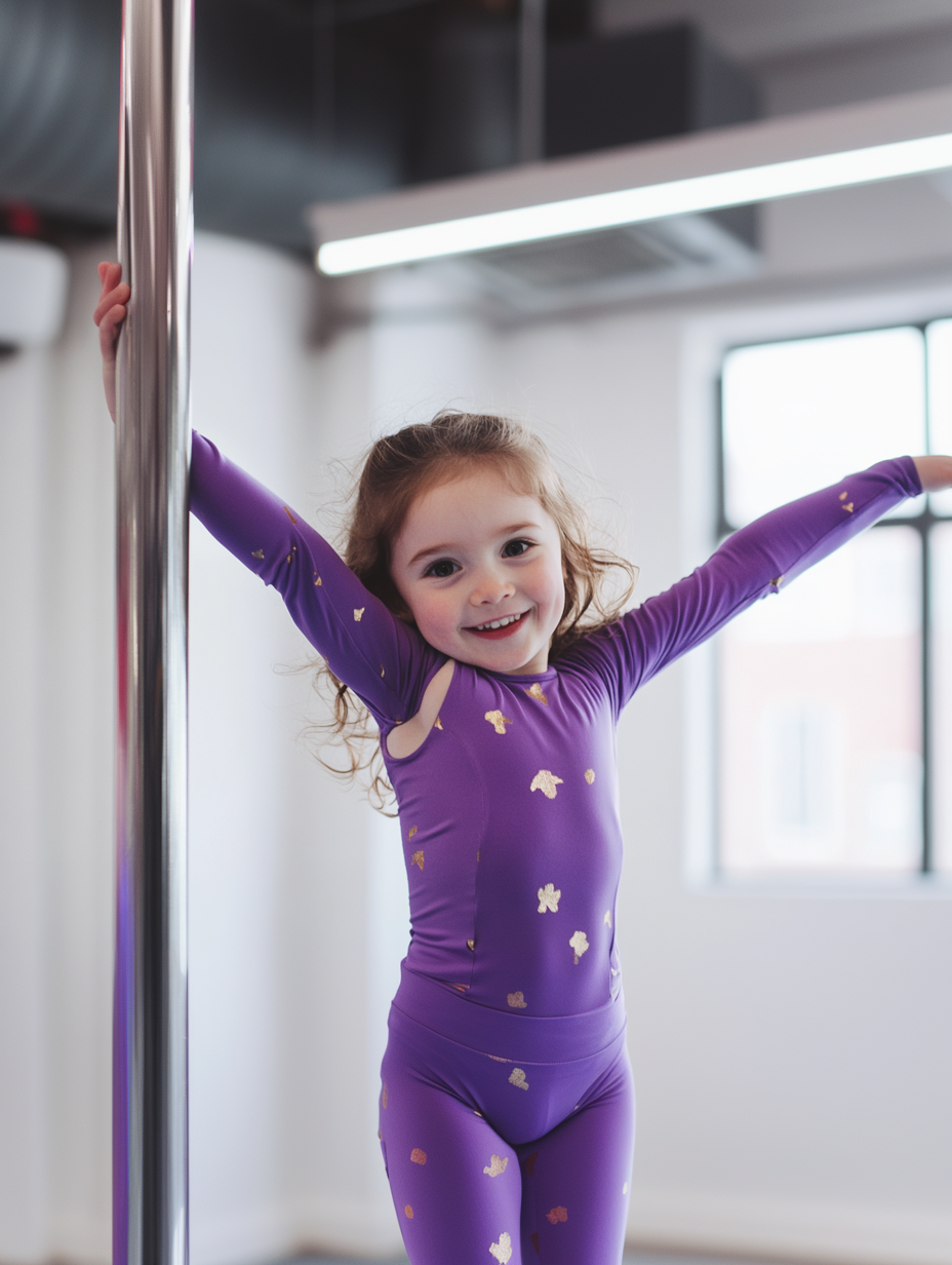 Ein kleines braunhaariges Mädchen im lila Sportoutfit hält sich an Pole Dance Stange fest